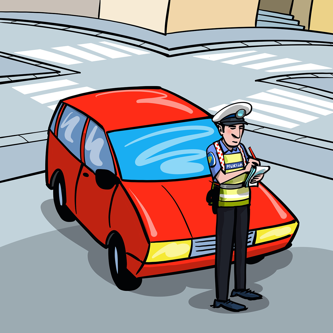 Policajac stoji i zapisuje u notes, iza njega je zaustavljen automobil.