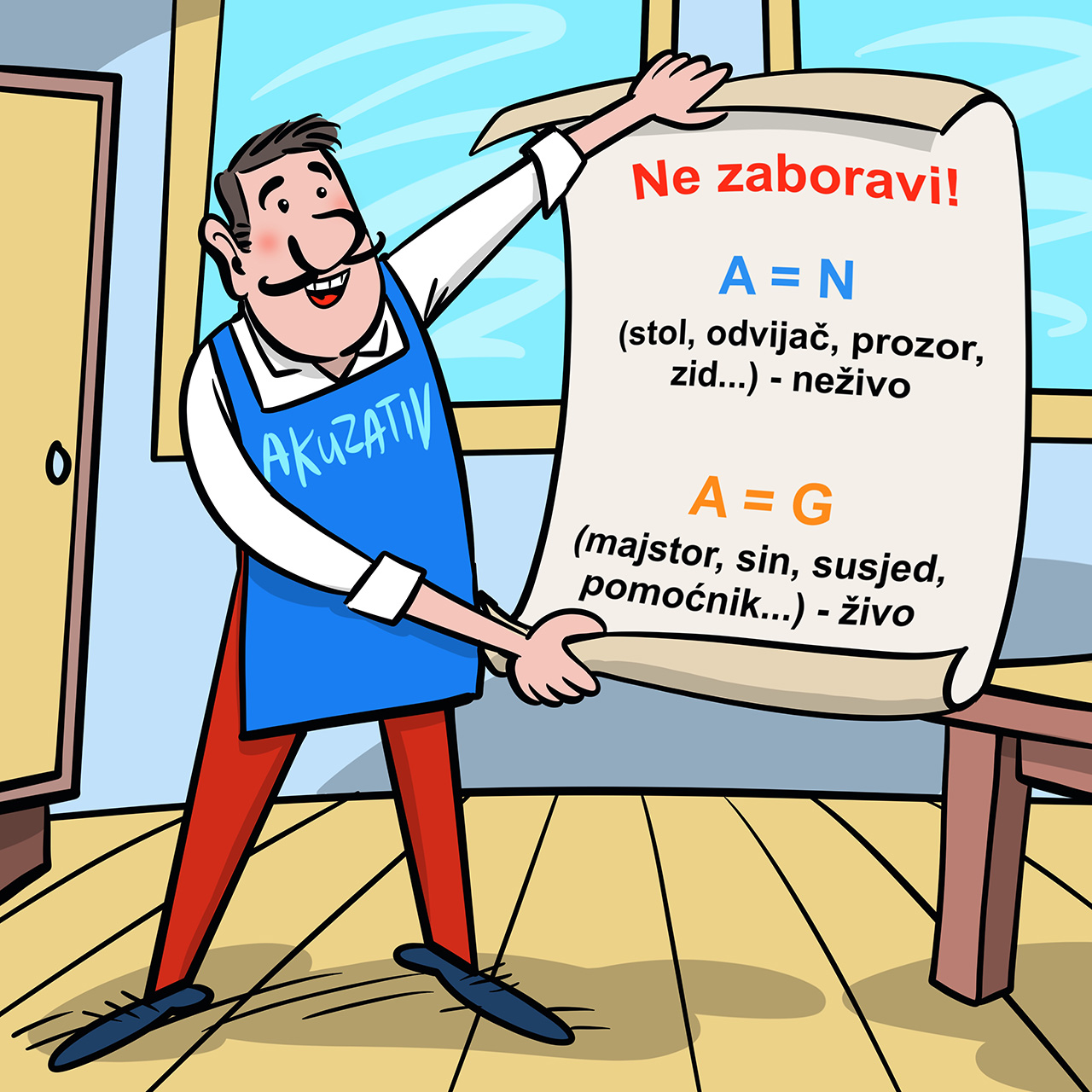 Majstor Akuzativ stoji u ruci drži podsjetnik za akuzativ imenica muškoga roda koji znači živo ili neživo.