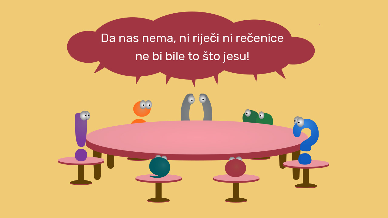 Za kuhinjskim stolom sjede pravopisni znakovi - upitnik, dvotočka, zarez, uskličnik, točka, navodnici, zagrade - i u glas zaključuju kako bez njih riječi i rečenice ne bi bile iste. 