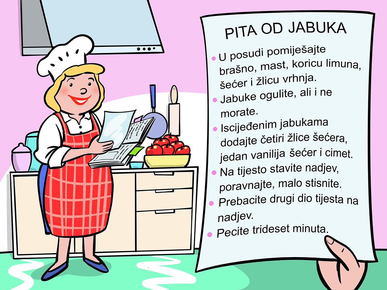 Kuharica peče pitu od jabuka.