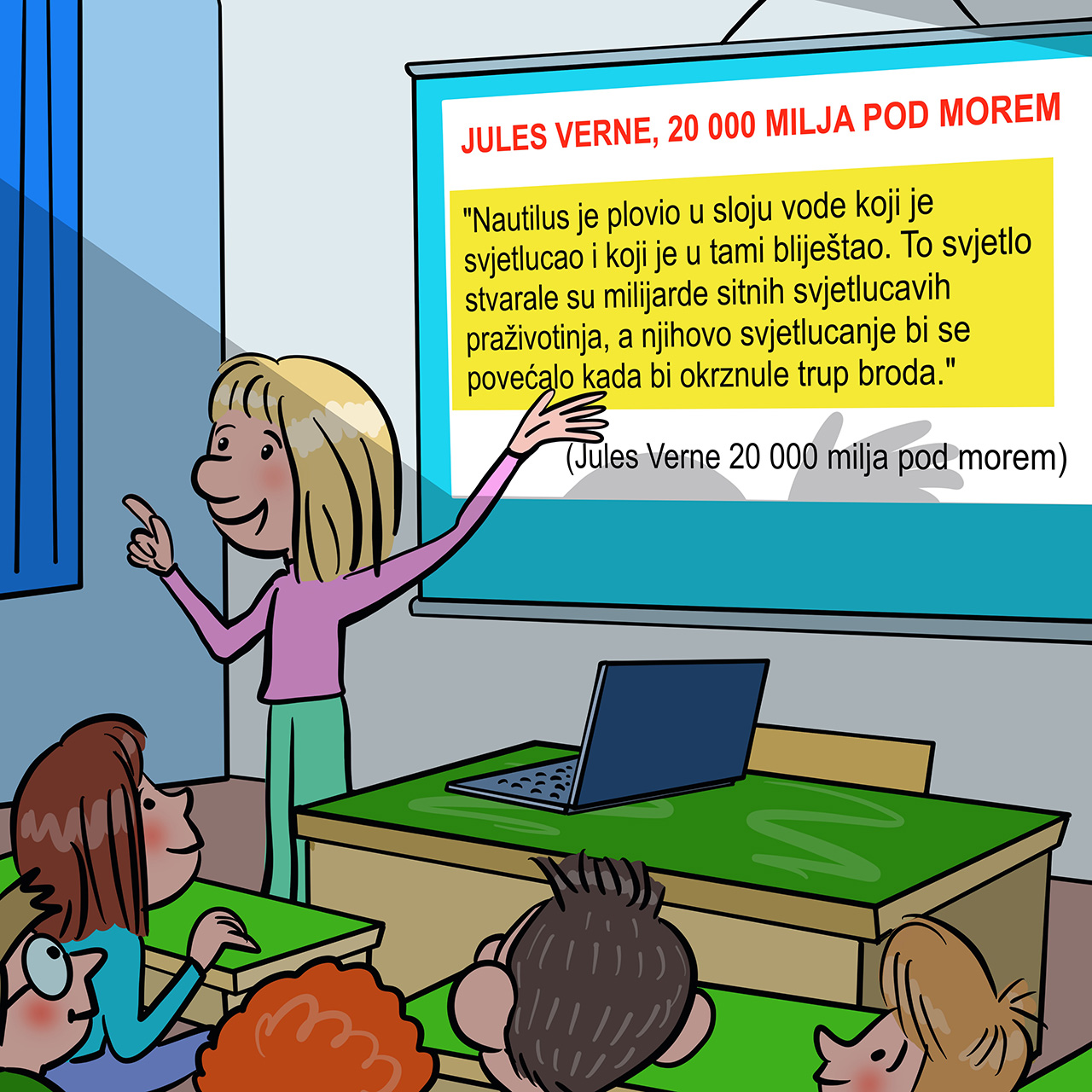 Učenica pred razredom drži izlaganje o pročitanom djelu.