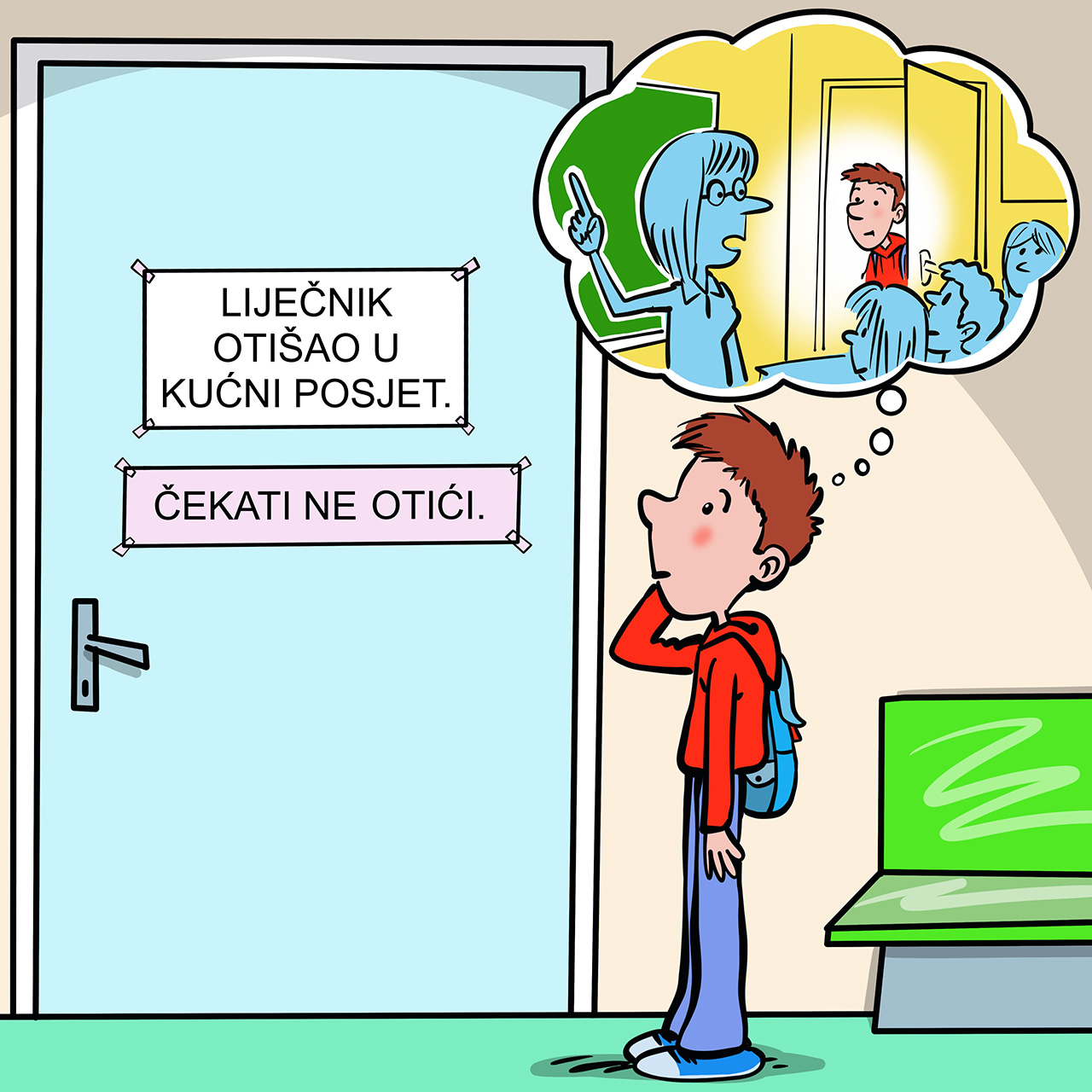 Dječak na vratima ordinacije čita: Liječnik otišao u kućni posjet. Čekati ne otići. 
