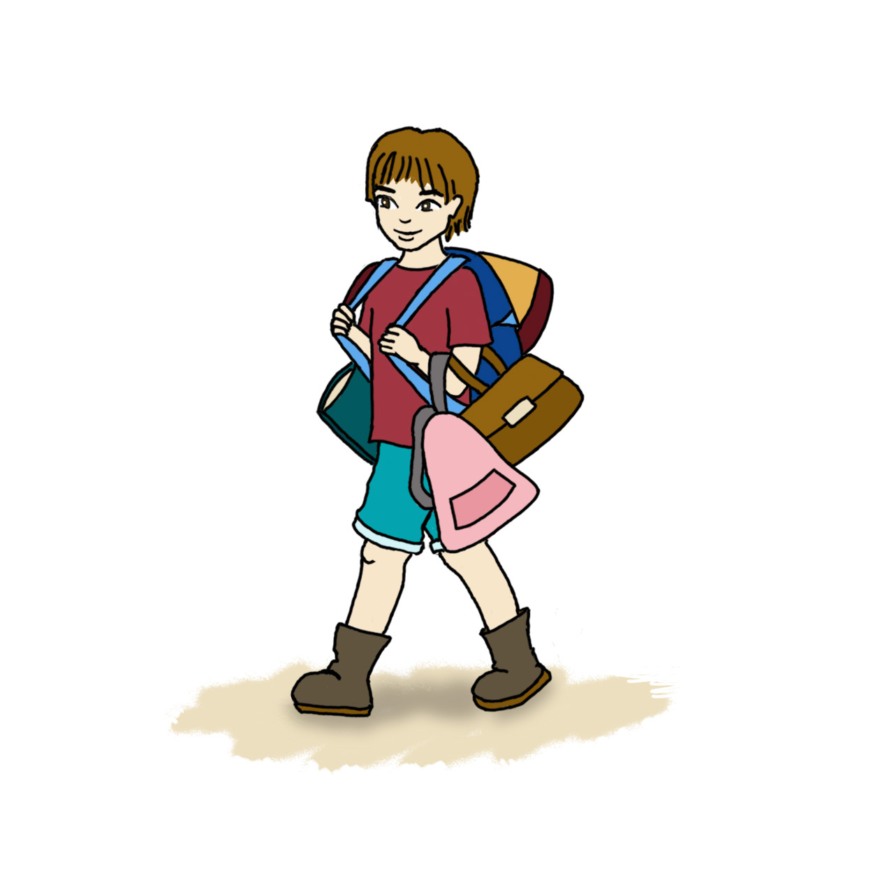 Ilustracija pjesme Nosim sve torbe… Dječak nosi nekoliko torbi i ruksaka. 