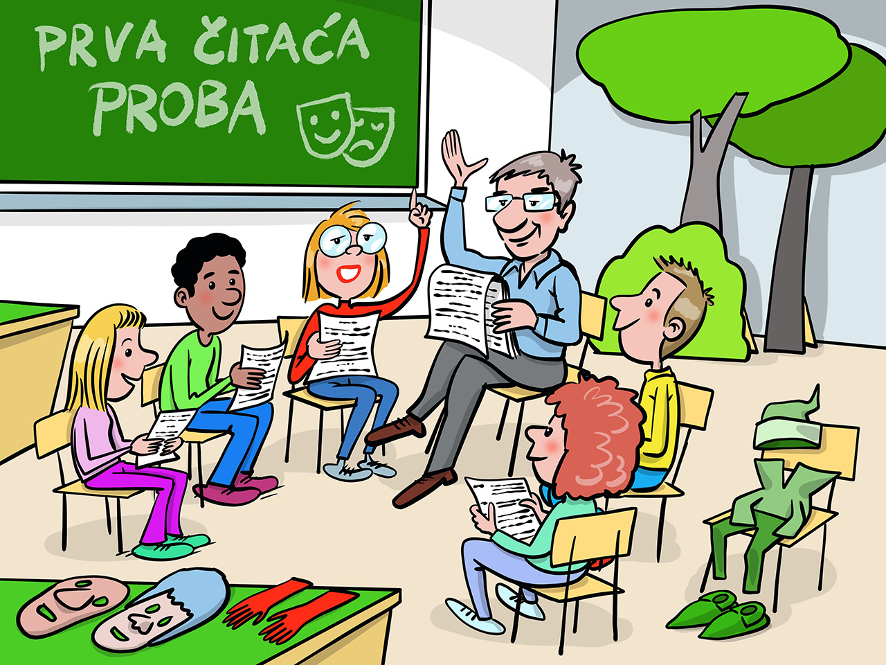 Učenici s učiteljem imaju čitaću probu igrokaza koji će uprizoriti.