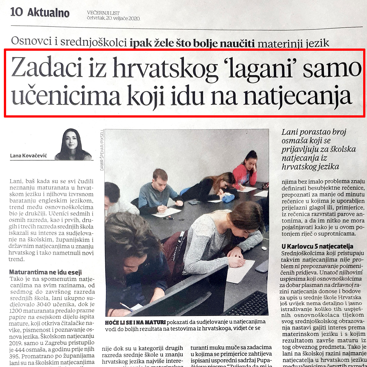 Stranica iz Večernjeg lista na kojoj je crvenom bojom uokviren naslov novinskog članka. 