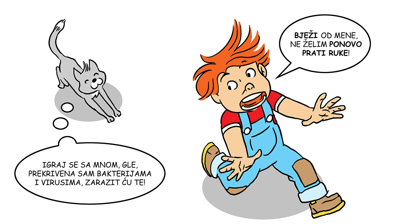 Sivka se poigrava s bratom djevojčice i prilazi mu  dok on panično bježi od nje jer ne želi opet prati ruke. 