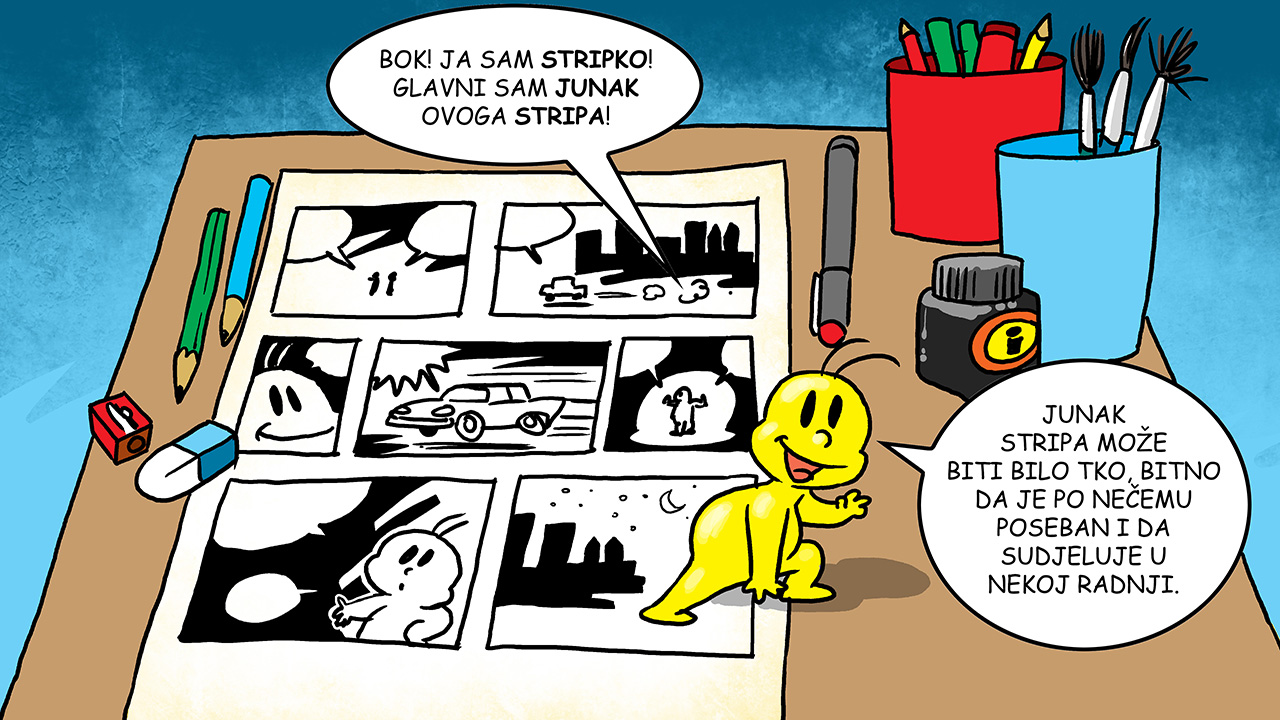 Žuti čovječuljak Stripko predstavlja nam sebe i govori tko sve može biti junak stripa.
