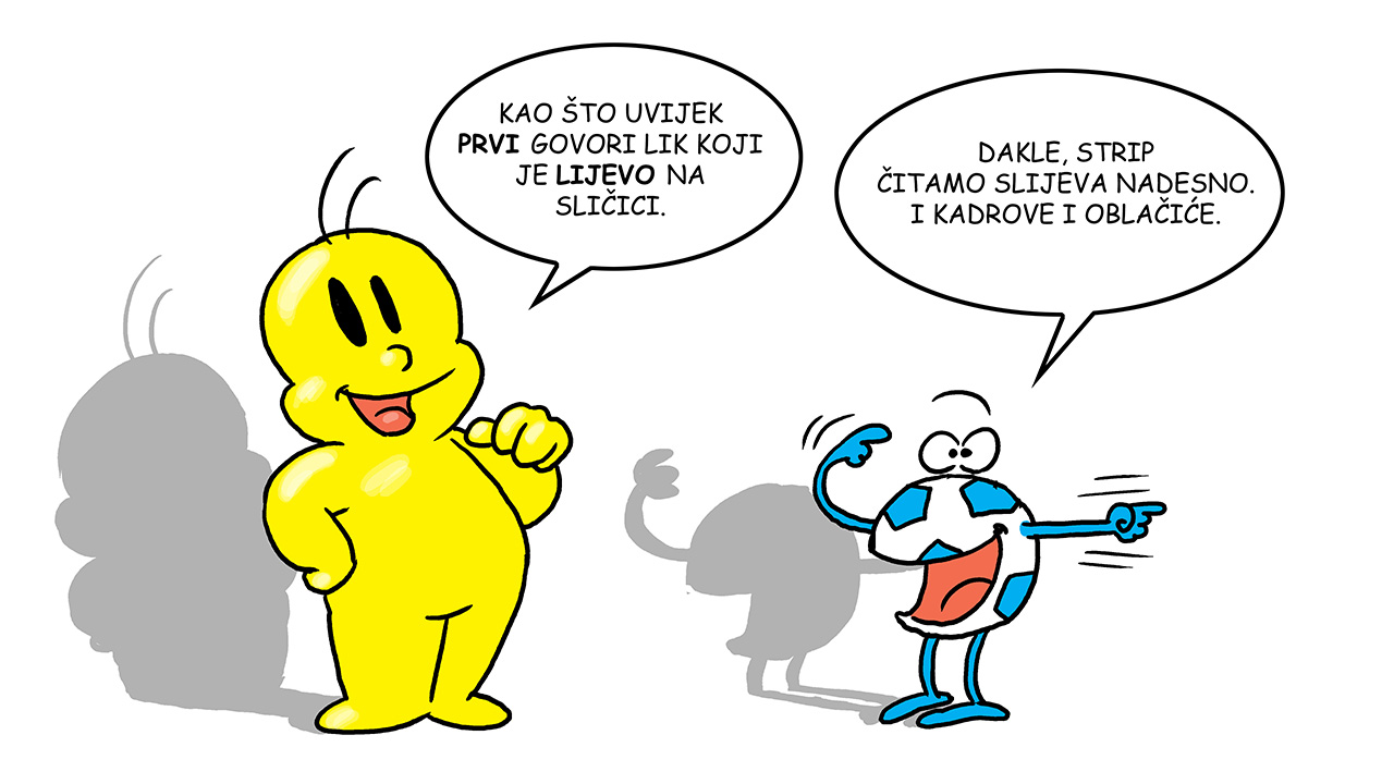 Pojašnjava da uvijek prvo govori lik koji se nalazi lijevo na sličici.