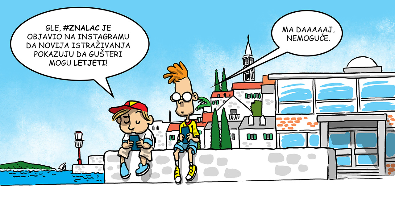 Dva dječaka sjede na zidiću i razgovaraju o tome kako je na Instagramu objavljeno da gušteri mogu letjeti. Drugi dječak odbija u to povjerovati.