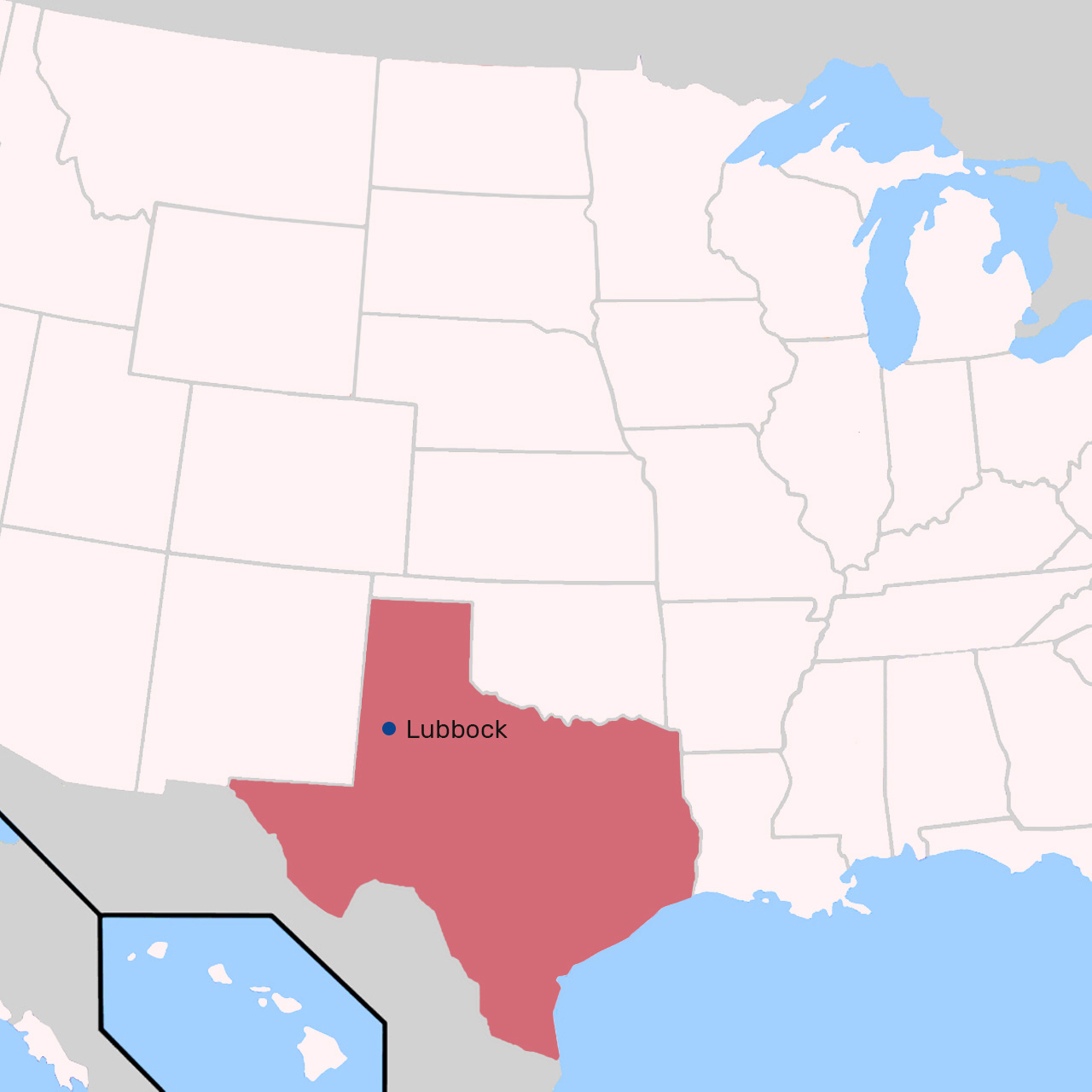 Karta Sjedinjenih Američkih Država na kojoj je označen grad Lubbock u saveznoj državi Texas. 