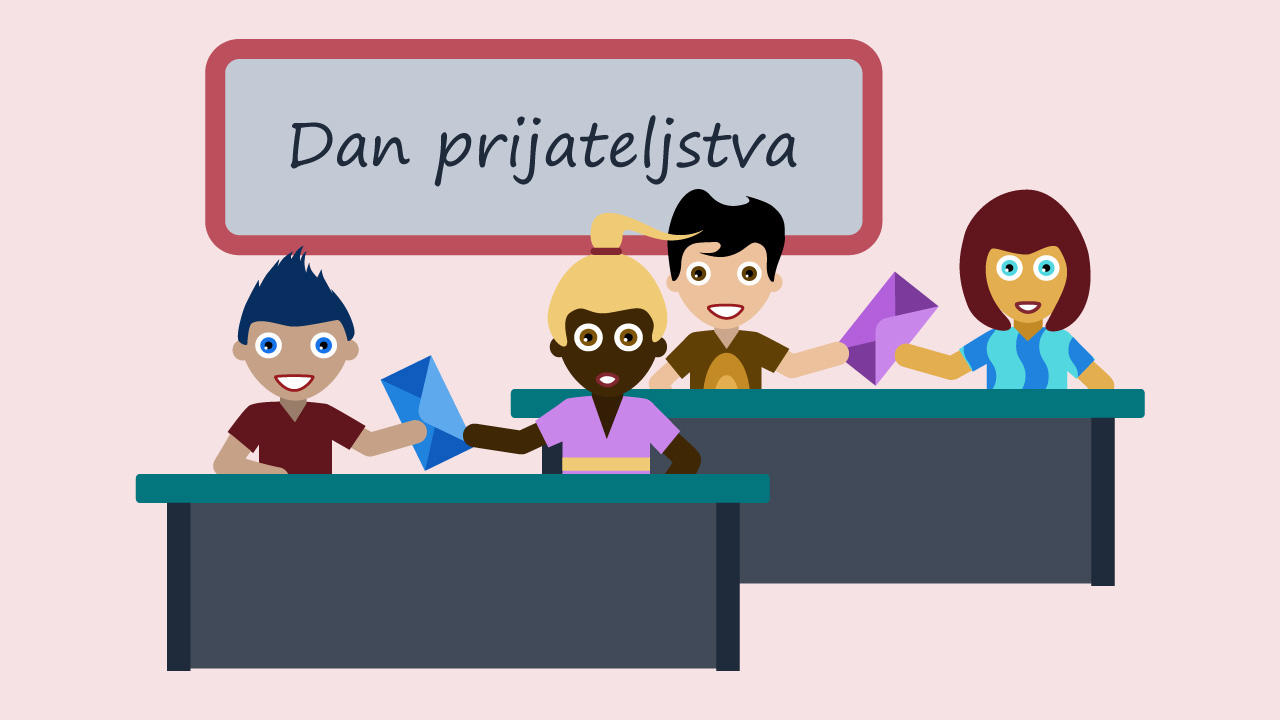 Prijatelji koji u učionici razmjenjuju pisma povodom Dana prijateljstva. U pozadini na ploči piše Dan prijateljstva.