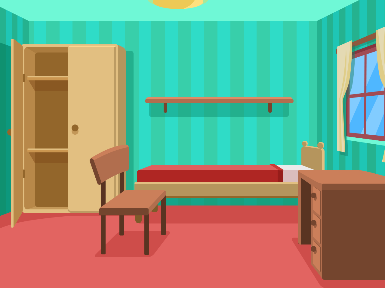 A bedroom with a closet on the left side, a desk on the right side, a bed behind the desk, a shelf above the bed in the middle of the room and a chair in front and slightly to the right of the closet.