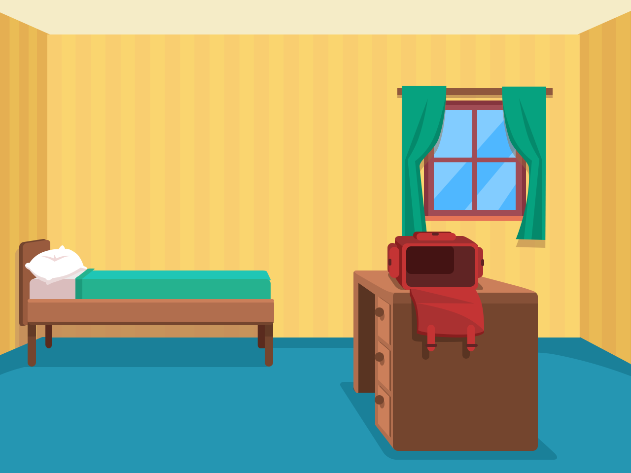 A bedroom with a bed in the top left corner, some empty space in front and under the bed, a desk with an open school bag on it to the right, a window behind the desk and some more empty space behind the desk in the top right corner of the room.