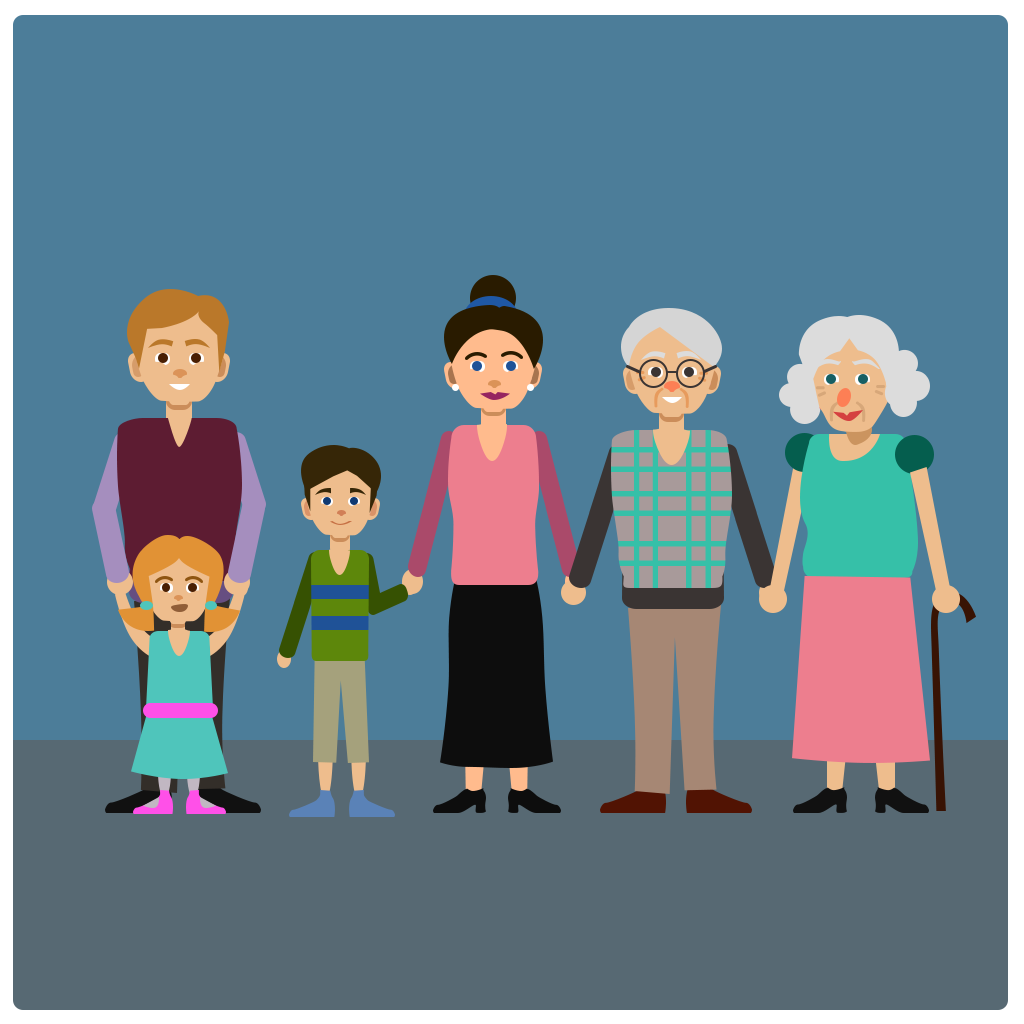 two children, a young couple and an old couple