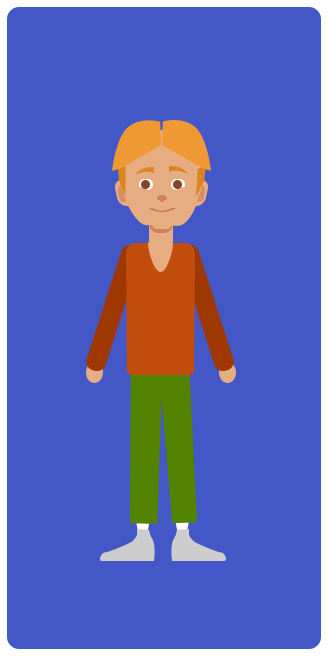 A tall thin child with straight short blonde hair and brown eyes.