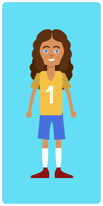 A girl dressed in a jersey with curly brown hair and blue eyes.