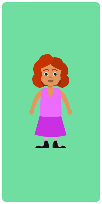 A short, slim girl with long red wavy hair and black eyes. She is short and slim.