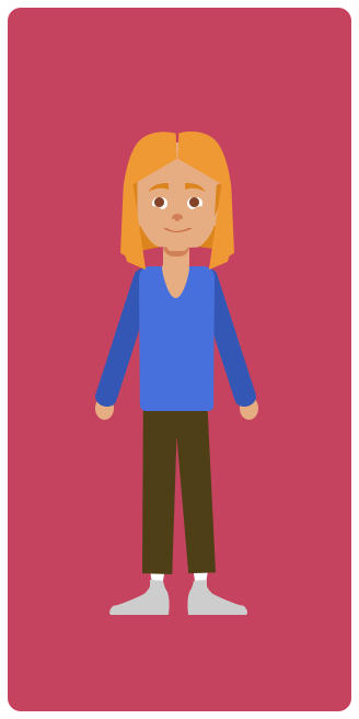 A tall thin child with long straight blonde hair and brown eyes.