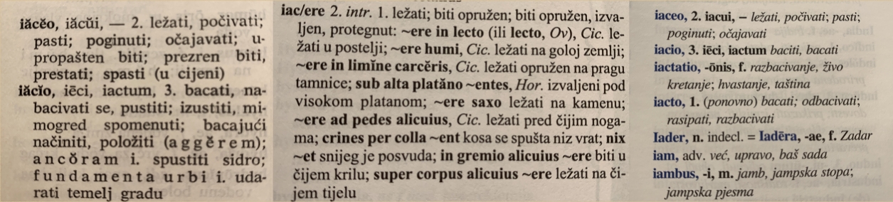 Na ovoj su slici prikazani primjeri navoda glagola u rječnicima različitih autora iz različitih razdoblja.