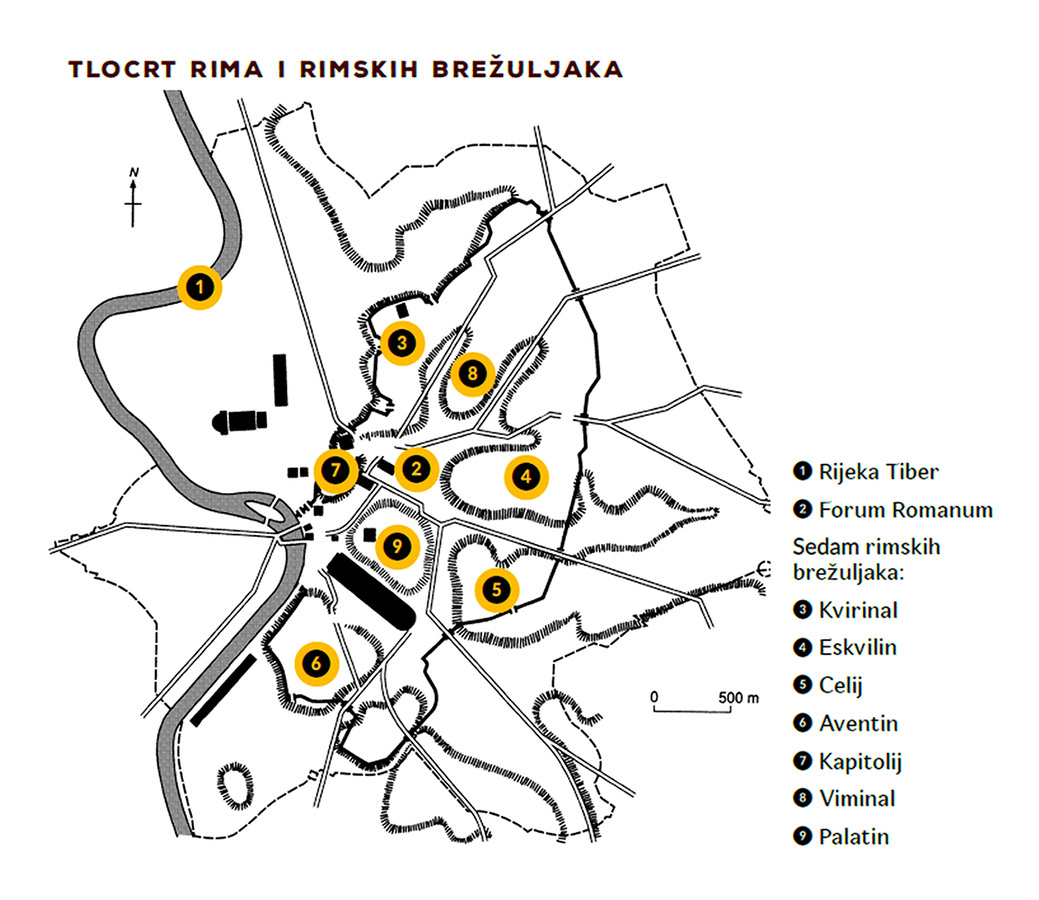 Ova slika prikazuje tlocrt rimskih brežuljaka.