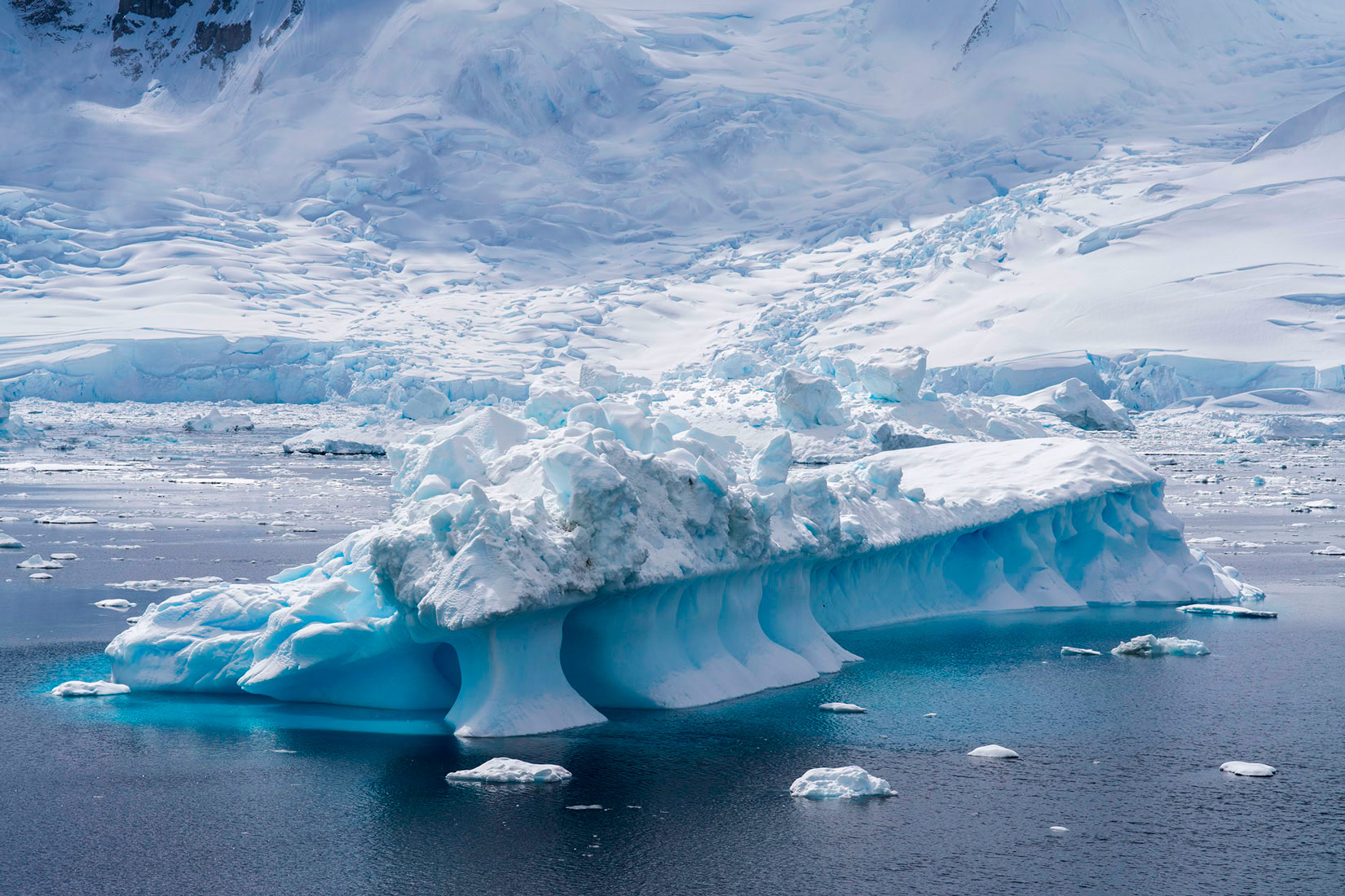 Na fotografiji je prikazan ledenjak i velika santa leda u moru.Prevladavaju plave boje mora i snijega. Najveći dio pitke vode na Zemlji zaleđen u ledenjacima Arktika i Anarktike.
