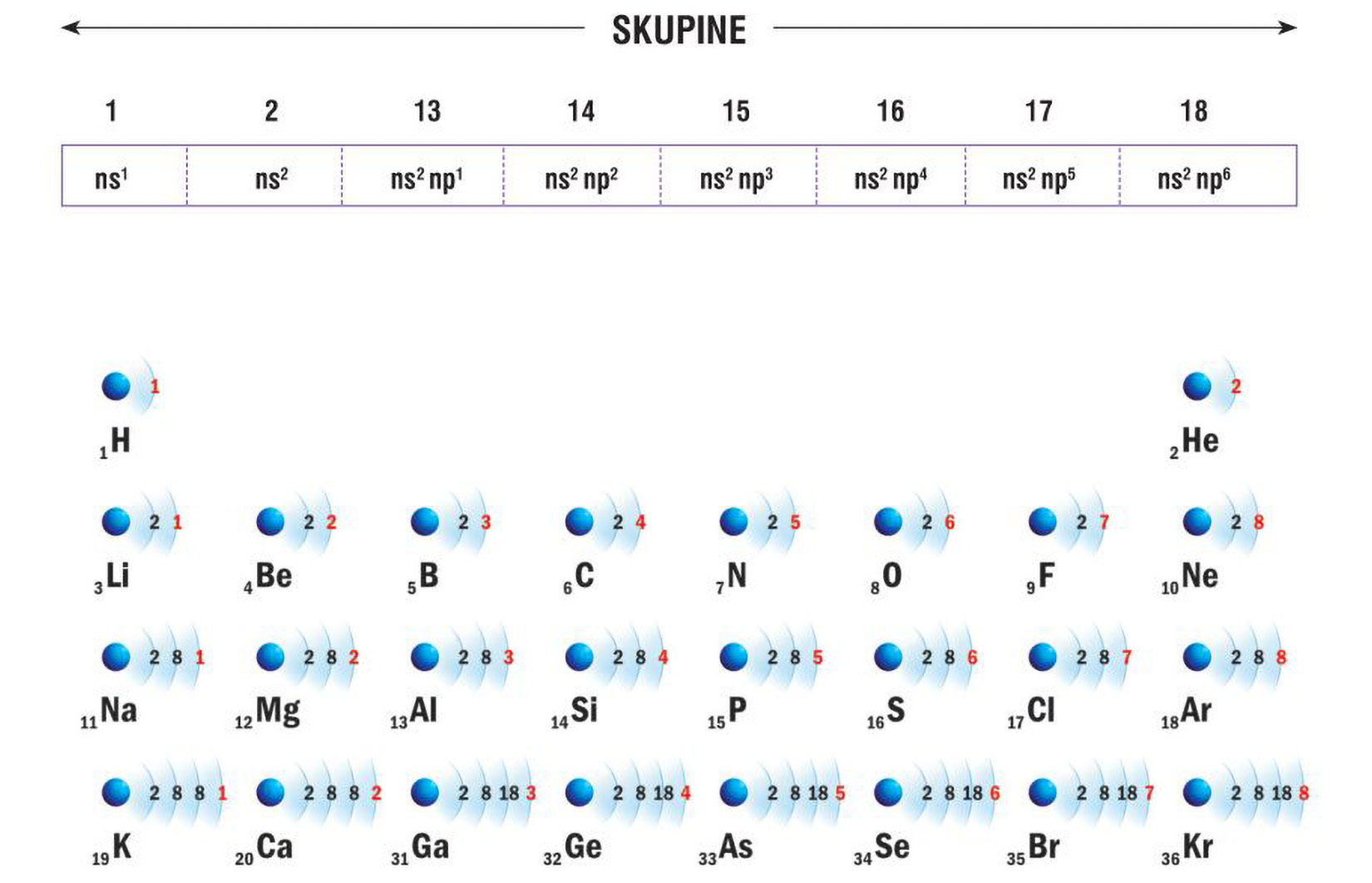 Shematski raspored elektrona po ljuskama i elektronska konfuguracija valentne ljuske atoma glavnih skupina