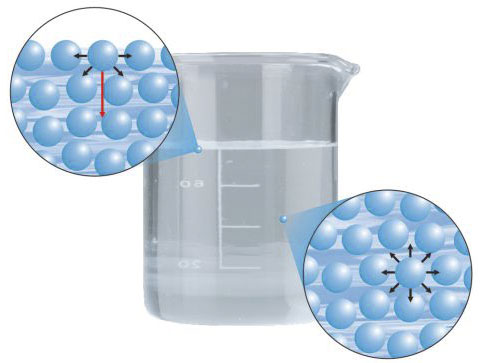 Fotografija prikazuje menzuru s vodom. U obliku kruga izdvojen je uvećani prikaz molekula vode na površini i u unutrašnjosti tekućine.