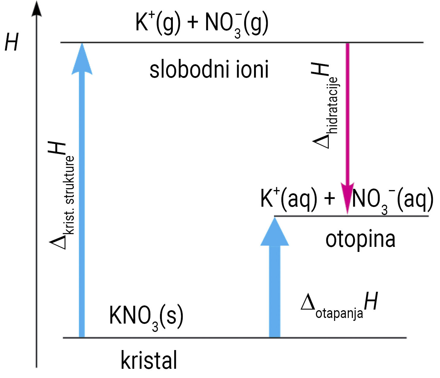 Fotografija prikazuje entalpijski dijagram otapanja kalijeva nitrata. Model prikazuje endotermne procese, ovaj put se radi o spoju KNO3. Najniža razina odgovara kristalu, srednja otopini, a najviša slobodnim ionima. Plavim strelicama je naznačeno da je skok s razine kristala u otopinu i otopine u slobodme ione popraćen pozitivnom promjenom entalpije. Procesi s pozitivnom promjenom entalpije nazivaju se endotermnima.