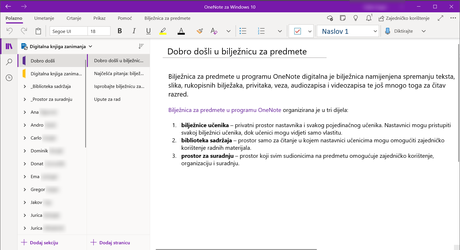 Slika otvaranja podijeljene OneNote bilježnice.