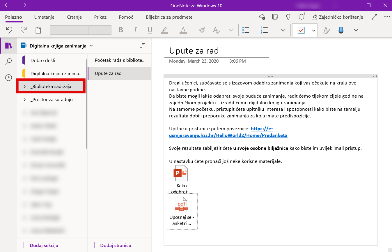 Slika OneNote bilježnice <em>Digitalna knjiga zanimanja.</em>