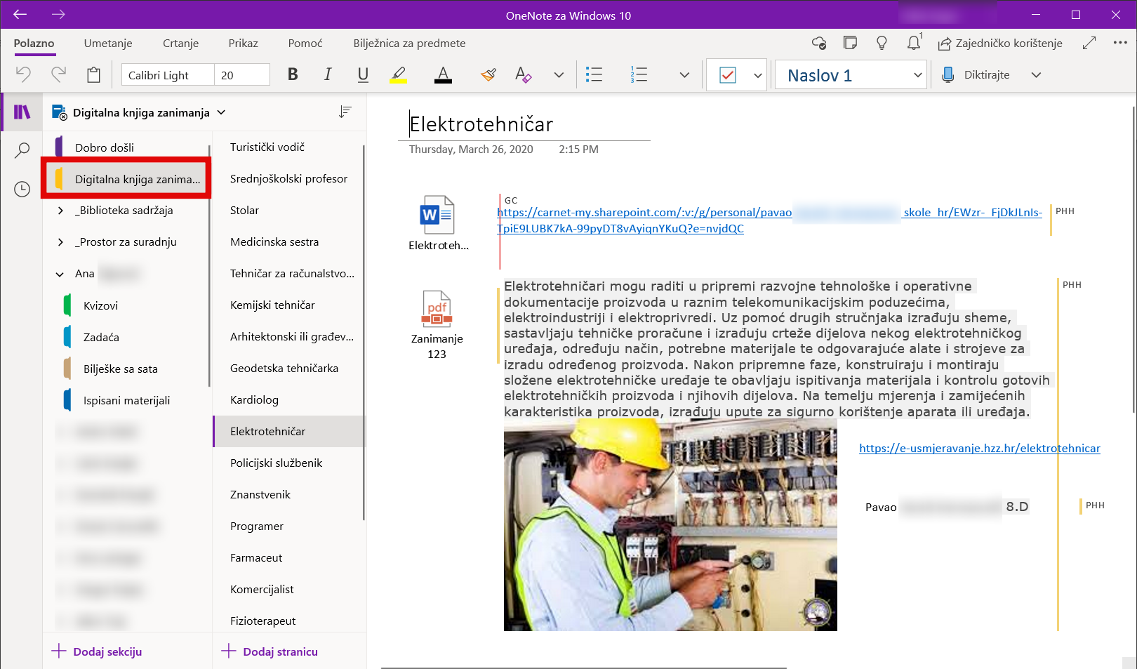 Slika Stvaranje odjeljka <em>Digitalna knjiga zanimanja</em> i pojedinačni rad učenika na stranicama.