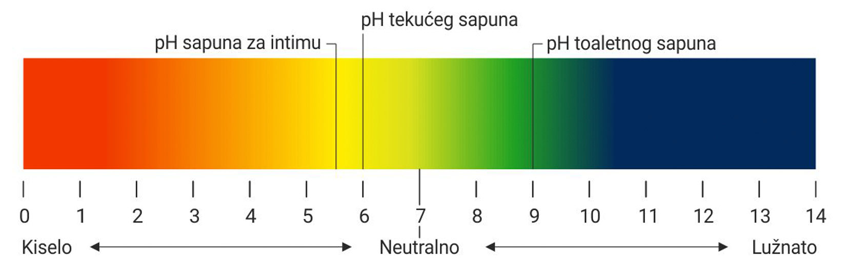 Slika 1. Na slici je prikazana debela linija koja prikazuje pH, od 0 pa do 14. Crvenom prema narančastom je označen kiseli dio spektra (od 0 do 6), žutom prema zelenoj neutralni (7), a od zelene prema plavoj je lužnati. Prikazano je pH sapuna za intimu koji iznosi otprilike 5.6, pH tekućeg je točno 6, a pH toaletnog sapuna iznosi 9.