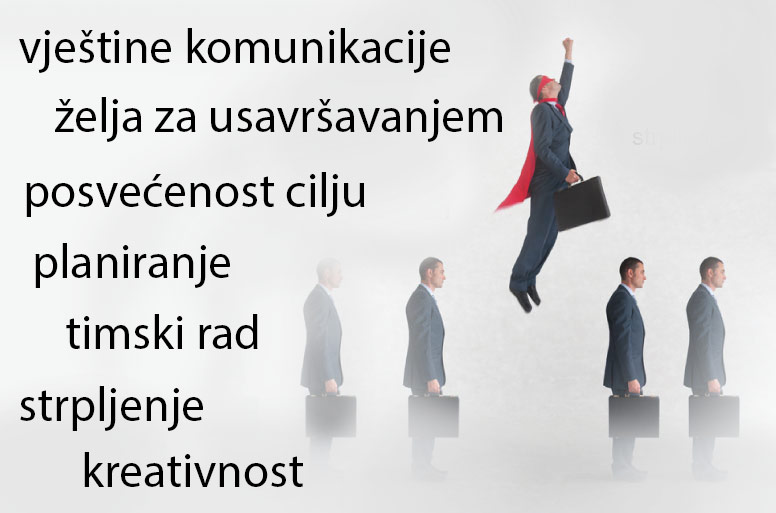 Jedan te isti poslovni čovjek s poslovnom torbom prikazan u nizu. Kao treći s desna na lijevo prikazan kako okomito lebdi s jednom rukom ispruženom prema gore poput Supermena. Ima crveni plašt oko vrata i crveni povez oko očiju.  Uz njega je napisana riječ strpljenje. Iza toga su napisane osobine dobrog poduzetnika: vještine u komunikaciji, kreativnost, posvećenost cilju, planiranje, želja za usavršavanjem, timski rad. 