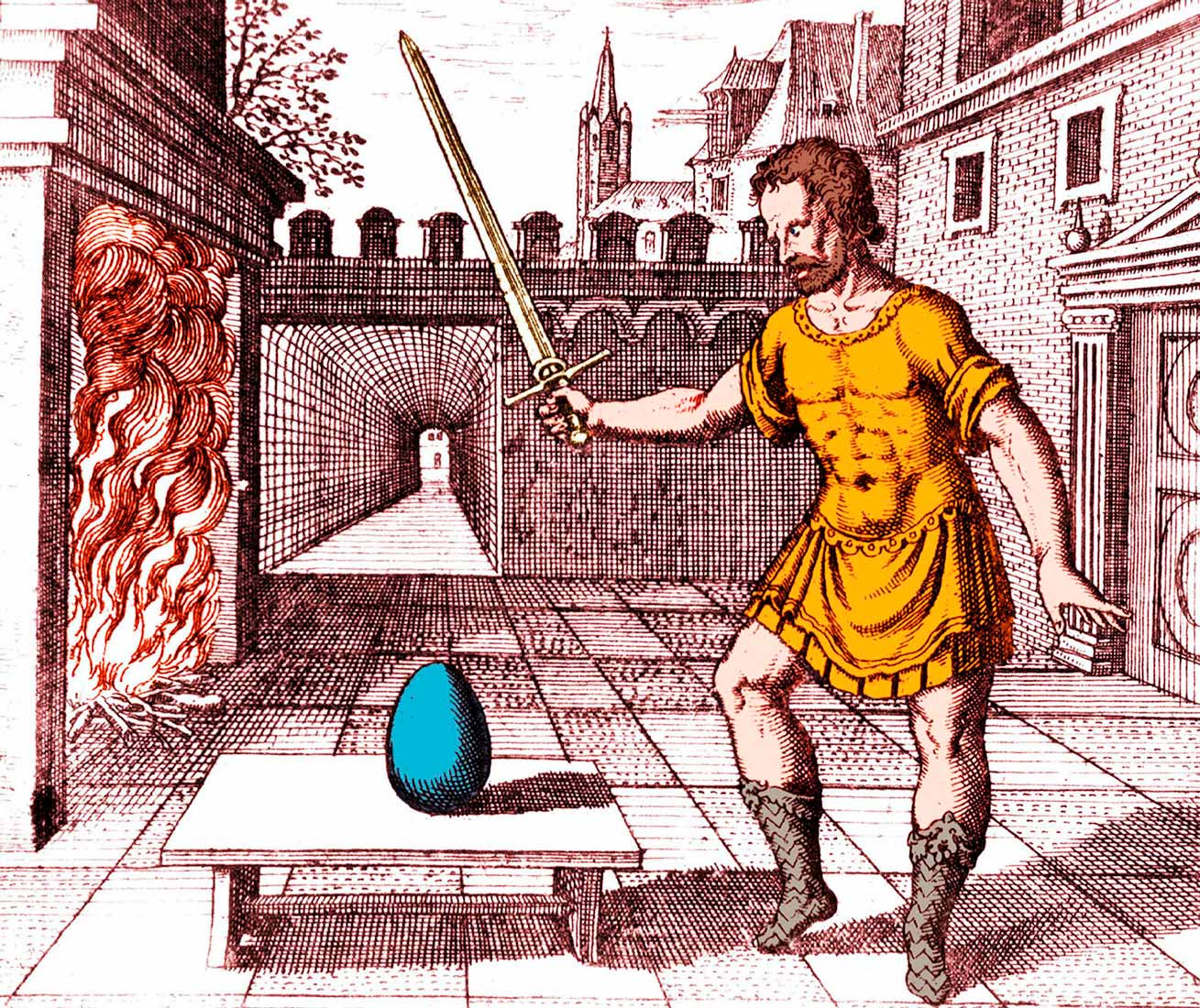 Naziv slike (amblema): „Uzmi jaje (kamen mislilaca) i vatreni mač“ To je 8. slika od 50 slika iz alkemijske knjige nastale u Italiji 1617.g. Na slici čovjek drži mač iznad velikog jajeta koje je plave boje. S lijeve strane je peć s vatrom .Iza je prikazana kamena kuća s tornjem i dugi hodnik koji se pri kraju suzuje.