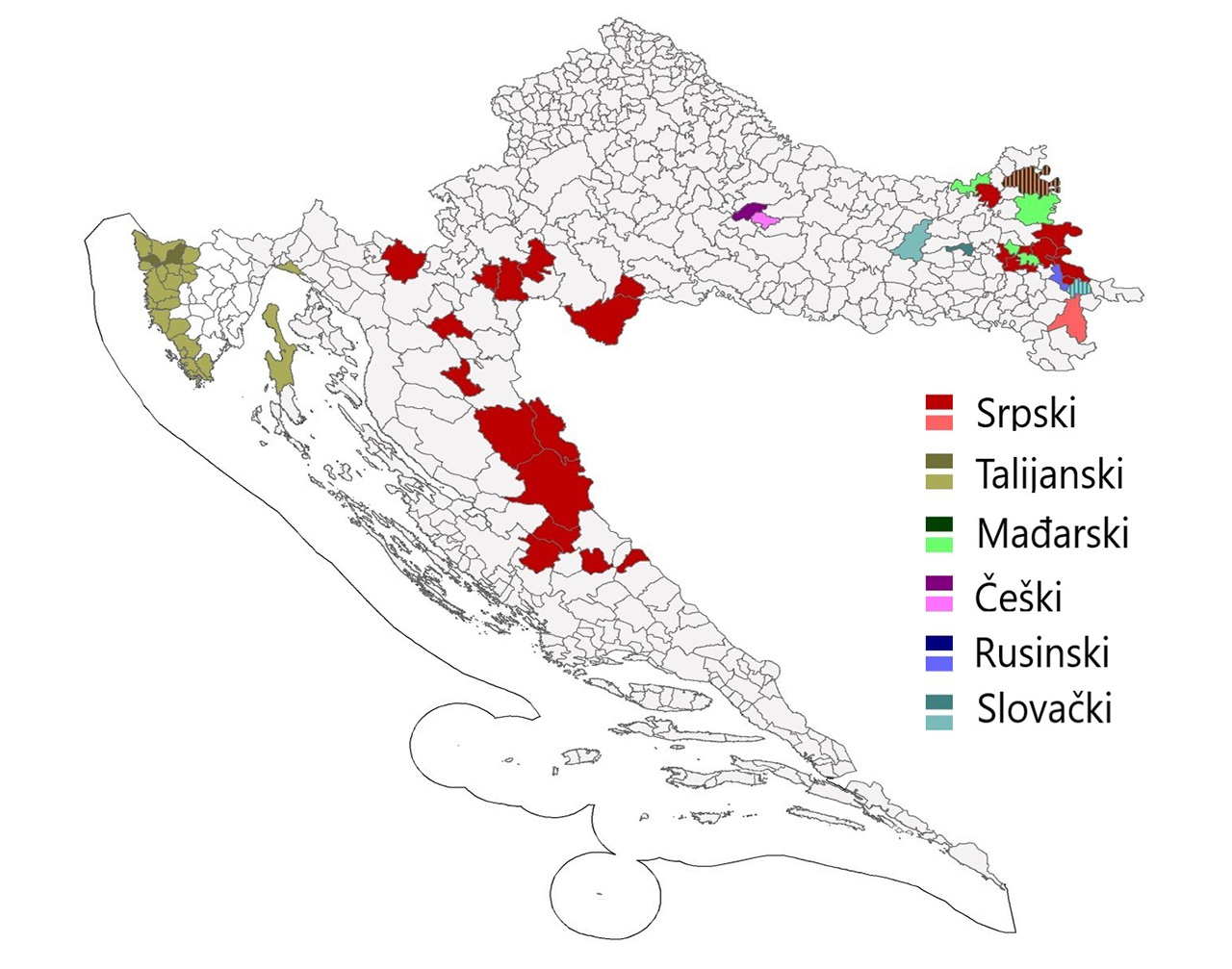 Karta na kojoj je prikazana rasprostranjenost nacionalnih manjina u Republici Hrvatskoj.