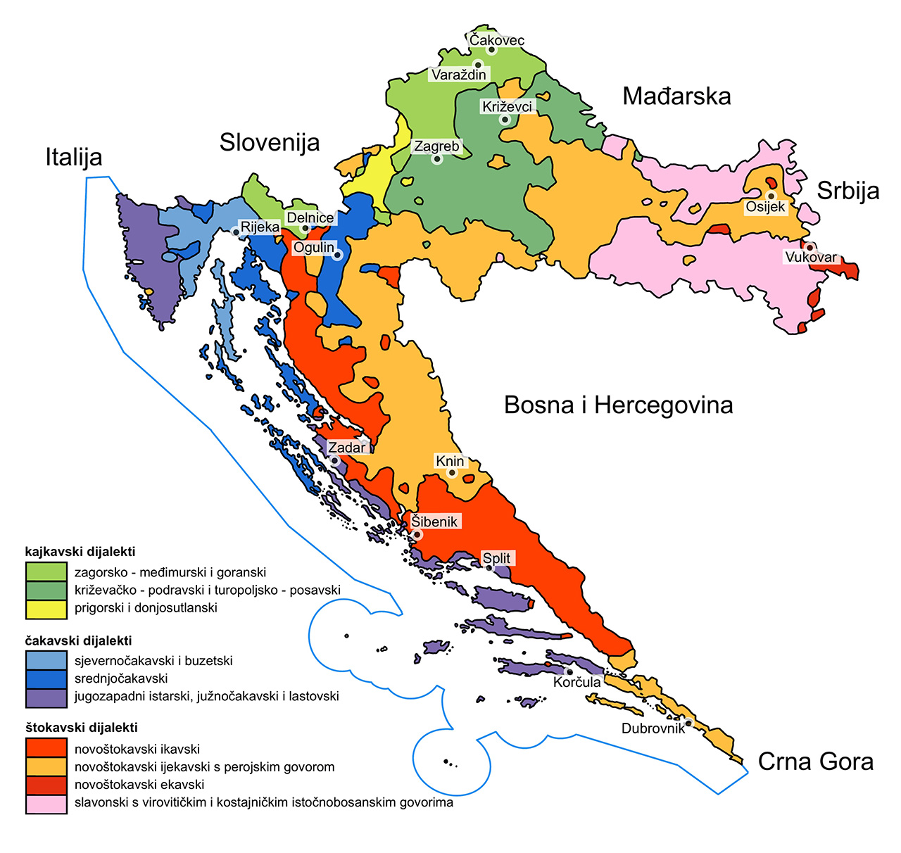 Karta Hrvatske na kojoj su označena područja na kojima se upotrebljavaju kajkavski, štokavski i čakavski dijalekti te dodatne podjele svakog od tri navedena dijalekta. 