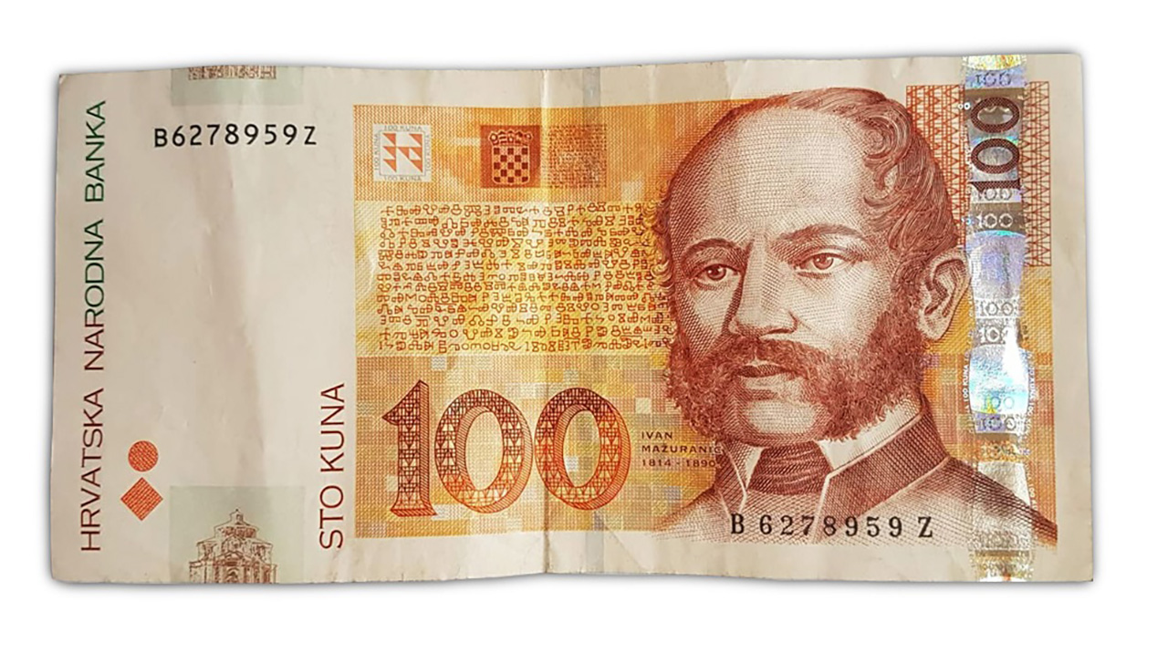 Novčanica od 100 kuna na kojoj uz Ivana Mažuranića vidimo i Bašćansku ploču.