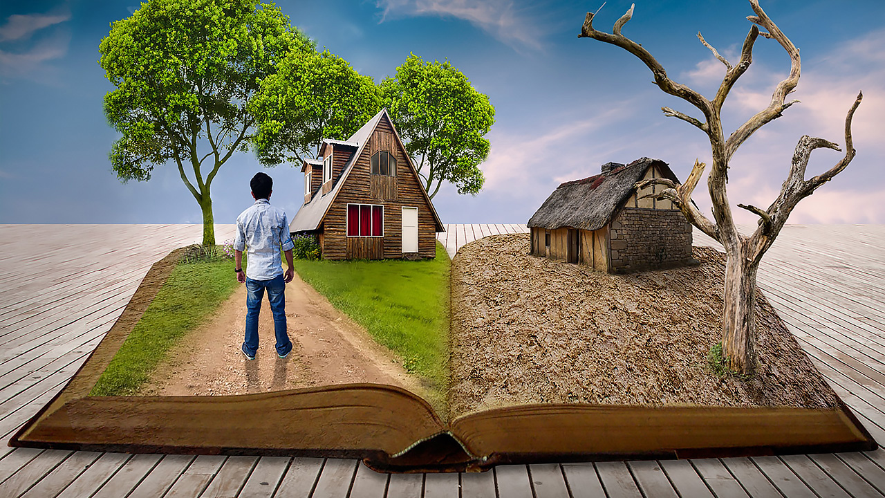 Rastvorena knjiga na kojoj je s lijeve strane kuća okružena bogatim zelenilom pred kojom stoji čovjek dok su s desne strane oronula štala i ogoljeno odumrlo stablo.