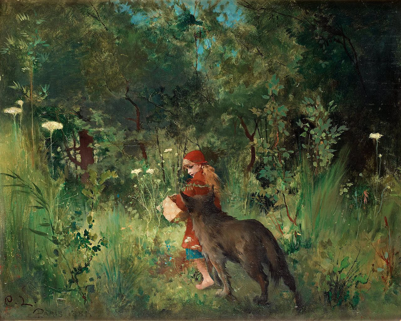 Djevojka u crvenom kaputiću, Crvenkapica, u dubokoj šumi, nosi košaru dok joj vuk znatiželjno prilazi s leđa.