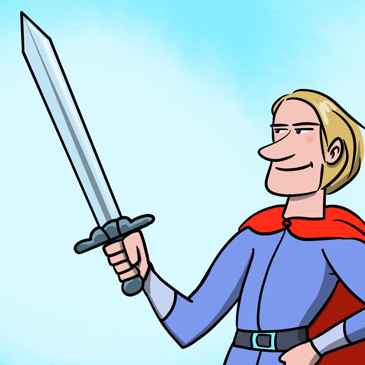 Muškarac u plavoj odori i s crvenim plaštom zamišljeno gleda u svoj mač kojeg drži desnom rukom.