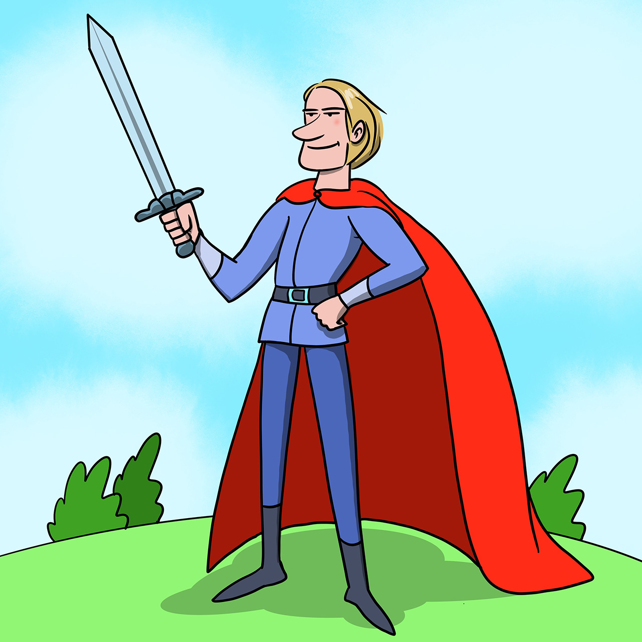 Cijela figura muškarca u plavoj odori i crvenom plaštu koji stoji na zelenom proplanku, a u desnoj ruci mu je mač.