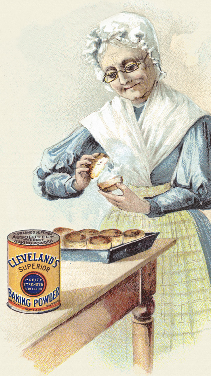 Stara reklama za prašak za pecivo koja pokazuje baku kako peče kolače.