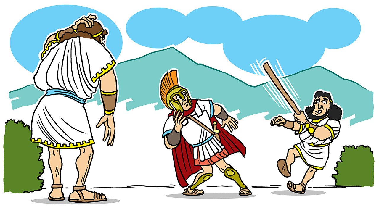 Ilustracija prikazuje Edipa s leđa i stražara zbunjene prizorom kojem svjedoče - koplje namijenjeno stražaru probolo je kralja Laja.