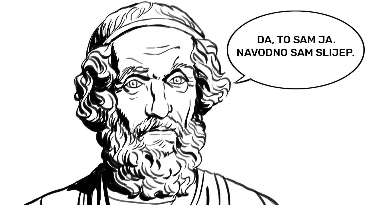 Crno-bijela ilustracija antičkog epskog pjesnika Homera koji potvrđuje da je to on i govori da drugi tvrde da je slijep.