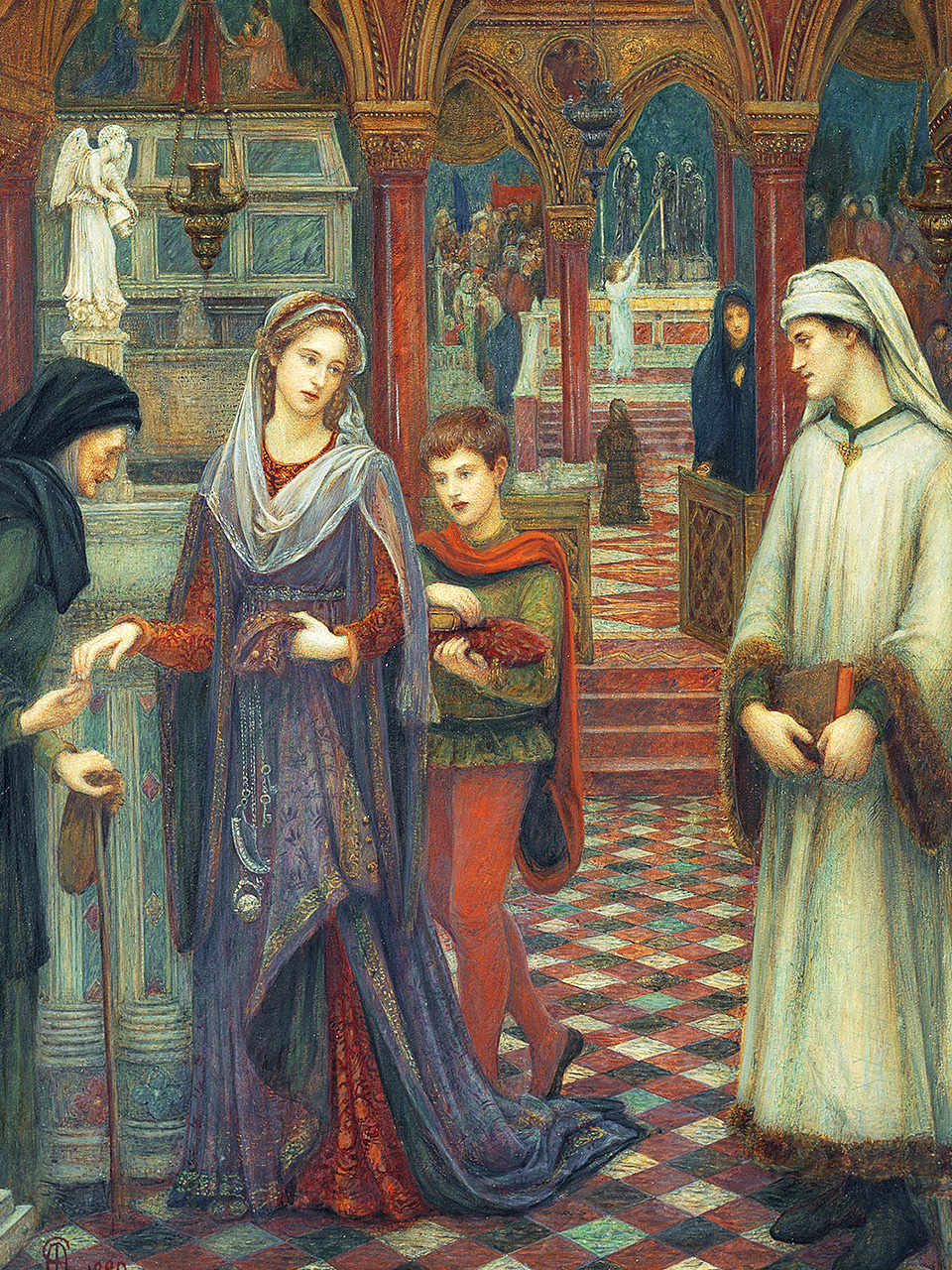 Laura i Petrarca na ulazu u crkvu. Pogledavaju jedno drugo dok ona daje milostinju starici sa štapom. Lauru prati mladi dječak, njen sluga, koji nosi njen molitvenik.