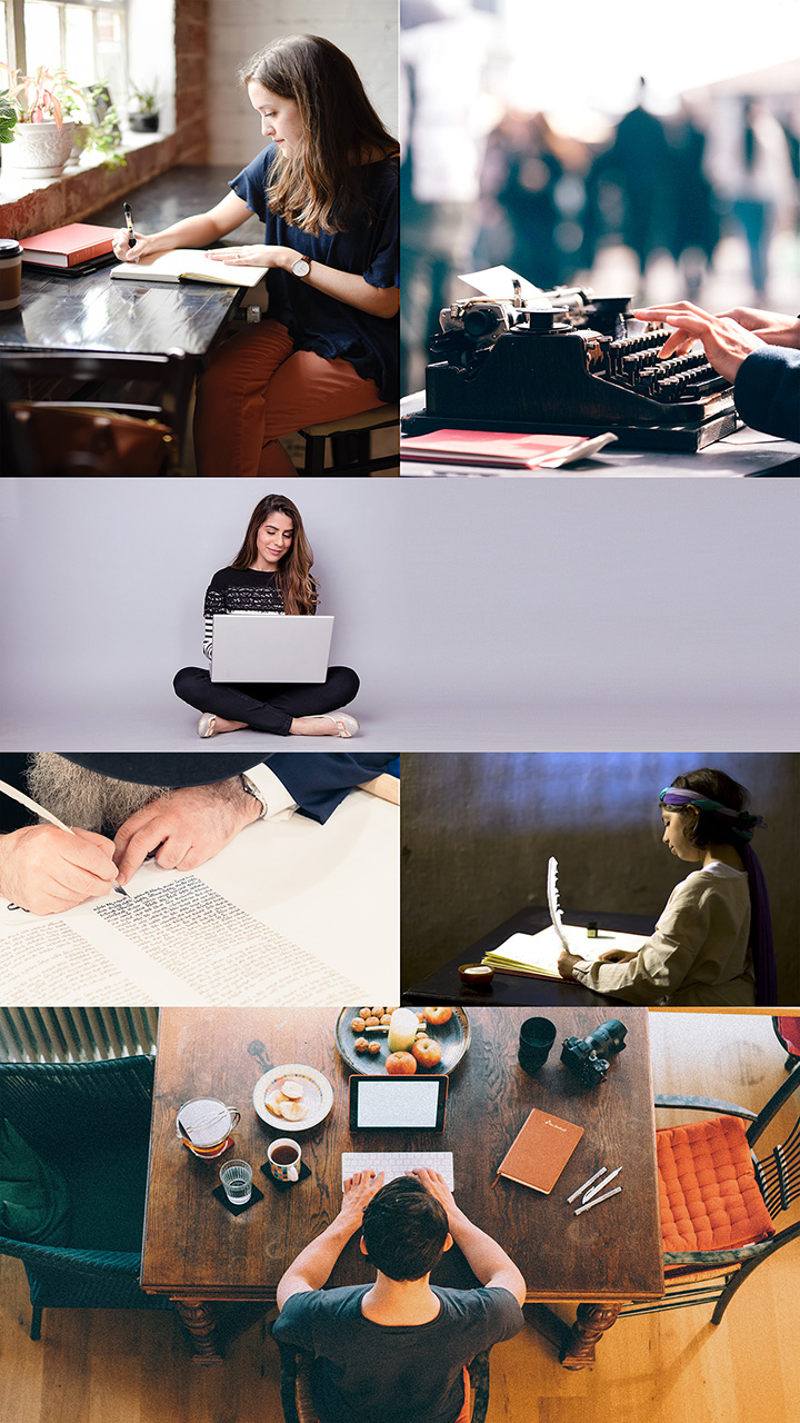 Šest fotografija ljudi koji pišu kemijskom olovkom, perom, na pisaćoj mašini i prijenosnom računalu. 