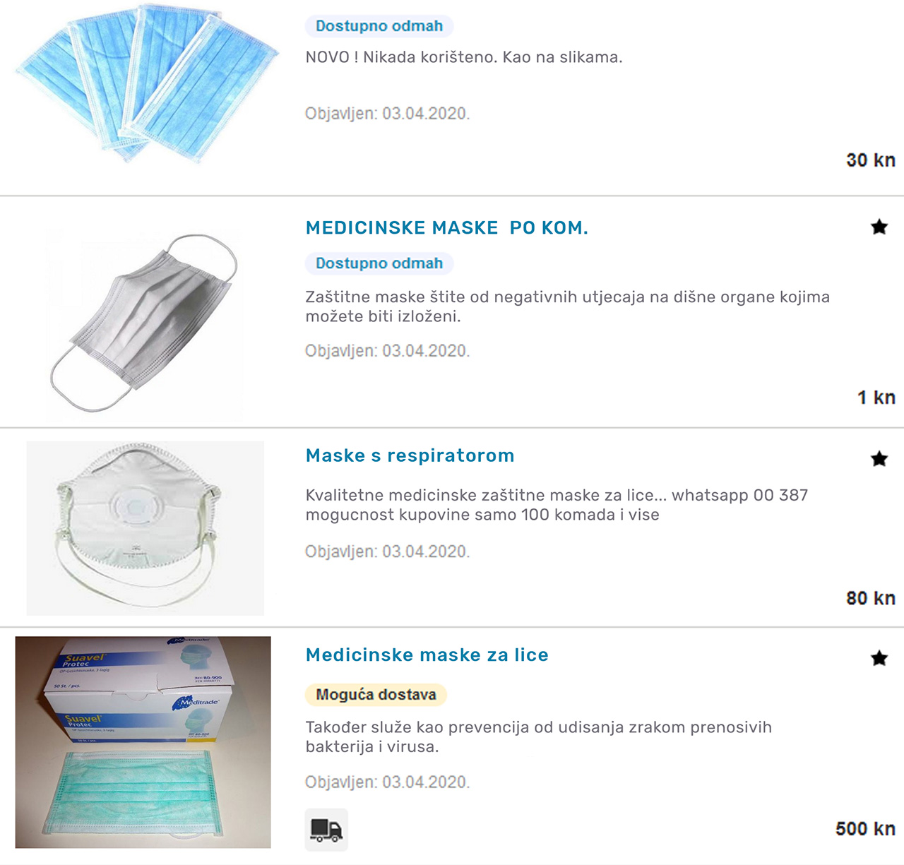 Screenshot online oglasa za medicinske maske. 