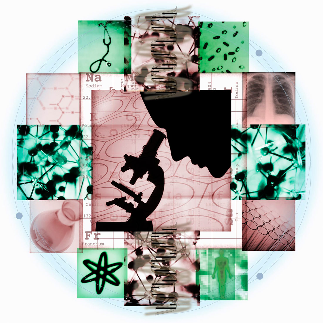 Slika 1. Slika prikazuje niz fotografija povezanih s biokemijskim istraživanjem. U sredni slike nalazi se istraživač koji gleda kroz mikroskop, a slike koje ga okružuju pokazuju prikaze organizama i pomagala koja mu služe u istraživanju.