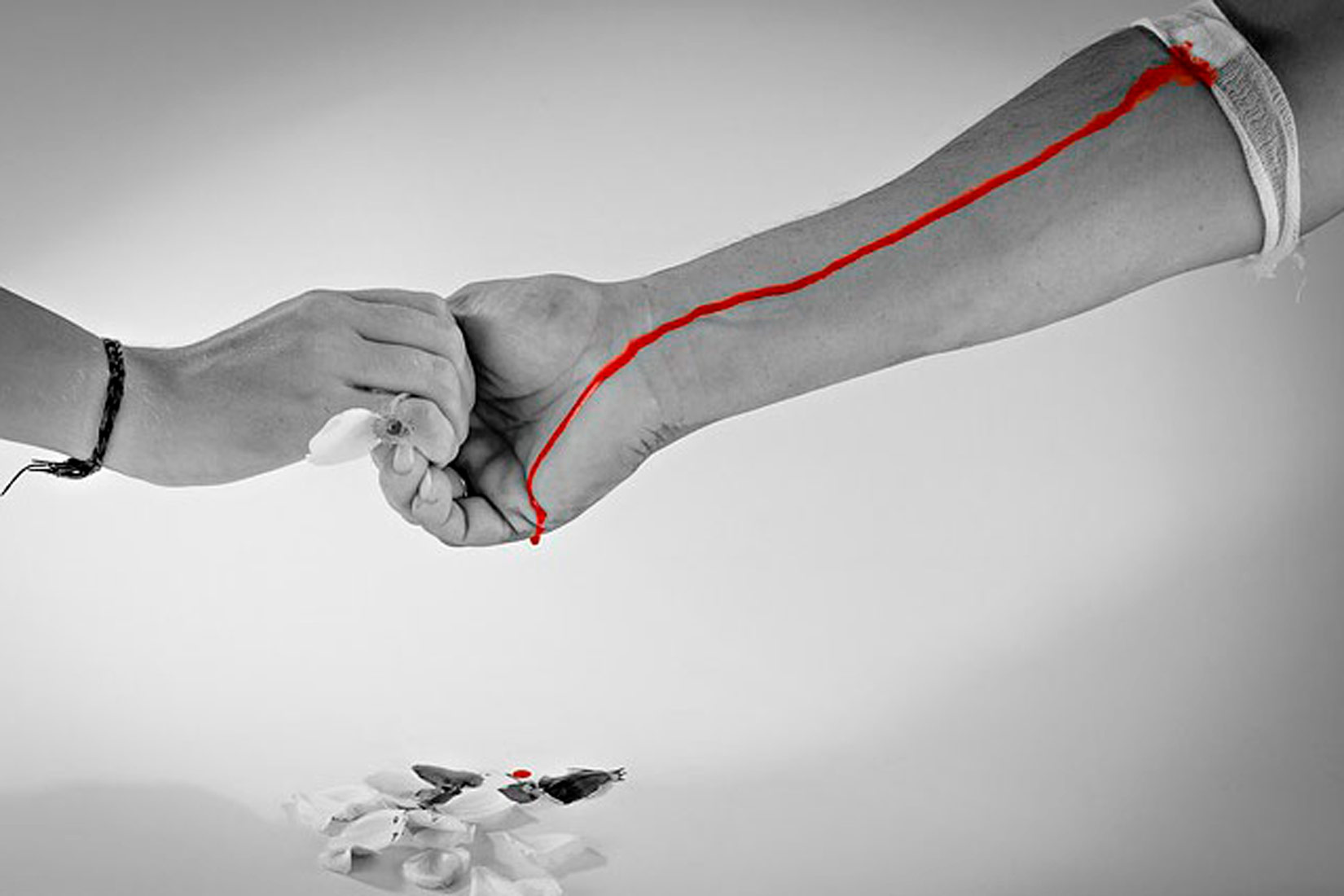 Slika prikazuje crno bijelu fotografiju na kojoj je jedino krv crvene boje. Prikazuje dvije ruke koje se primaju. Iz jedne teče krv.