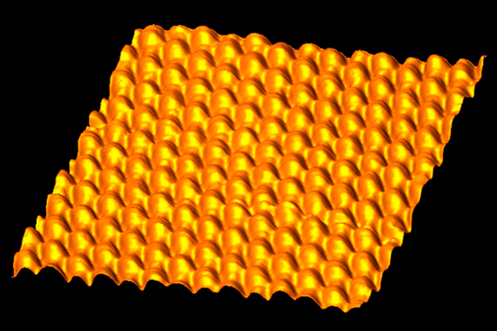 Posebnom vrstom elektronskog mikroskopa dobiva se slika strukture bakra sastavljene od atoma. Boja atoma je zlatnožuta i atomi imaju oblik kao izbočene kuglice .
